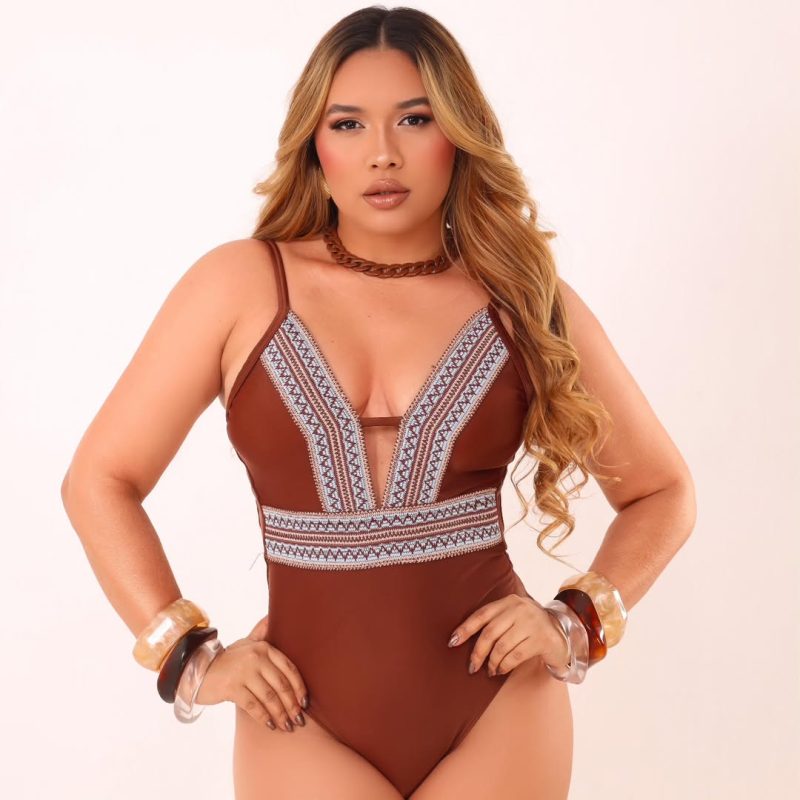Maiô Marrom Étnico com Decote V e Faixas Bordadas